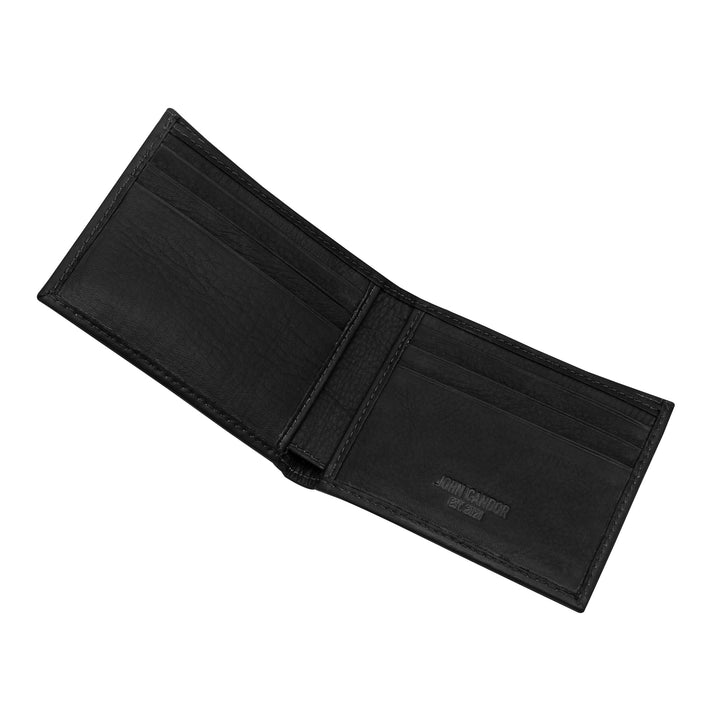 A black slim bifold leather wallet open to show multiple card slots and a full-length bill compartment.