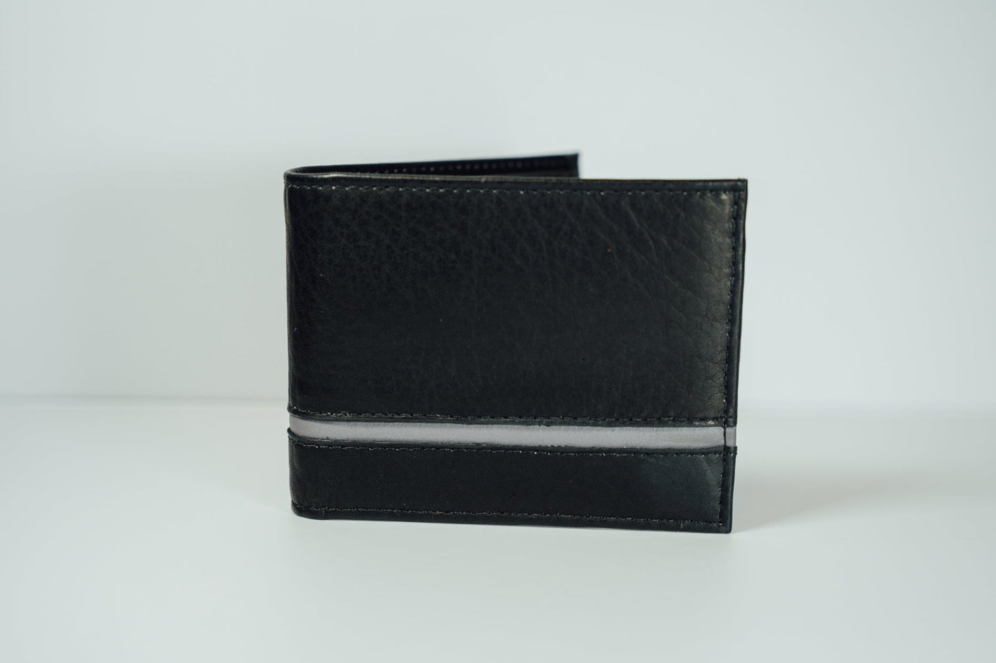 An exterior view of the Black and Grey Slim Bifold Leather Wallet