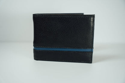 The exterior view of the black and blue Slim Bifold Leather Wallet from John Candor at Hope's Gate