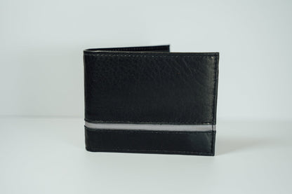 An exterior view of the Black and Grey Slim Bifold Leather Wallet