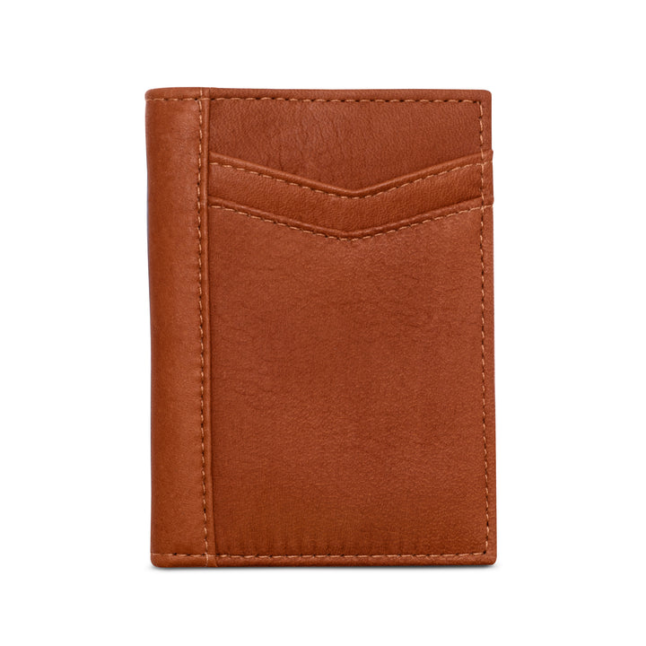 A brown slim vertical pocket wallet made from eco-conscious certified full-grain leather, featuring multiple card slots and a coin pocket.