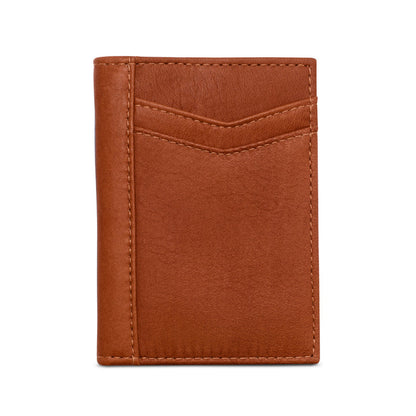 A brown slim vertical pocket wallet made from eco-conscious certified full-grain leather, featuring multiple card slots and a coin pocket.